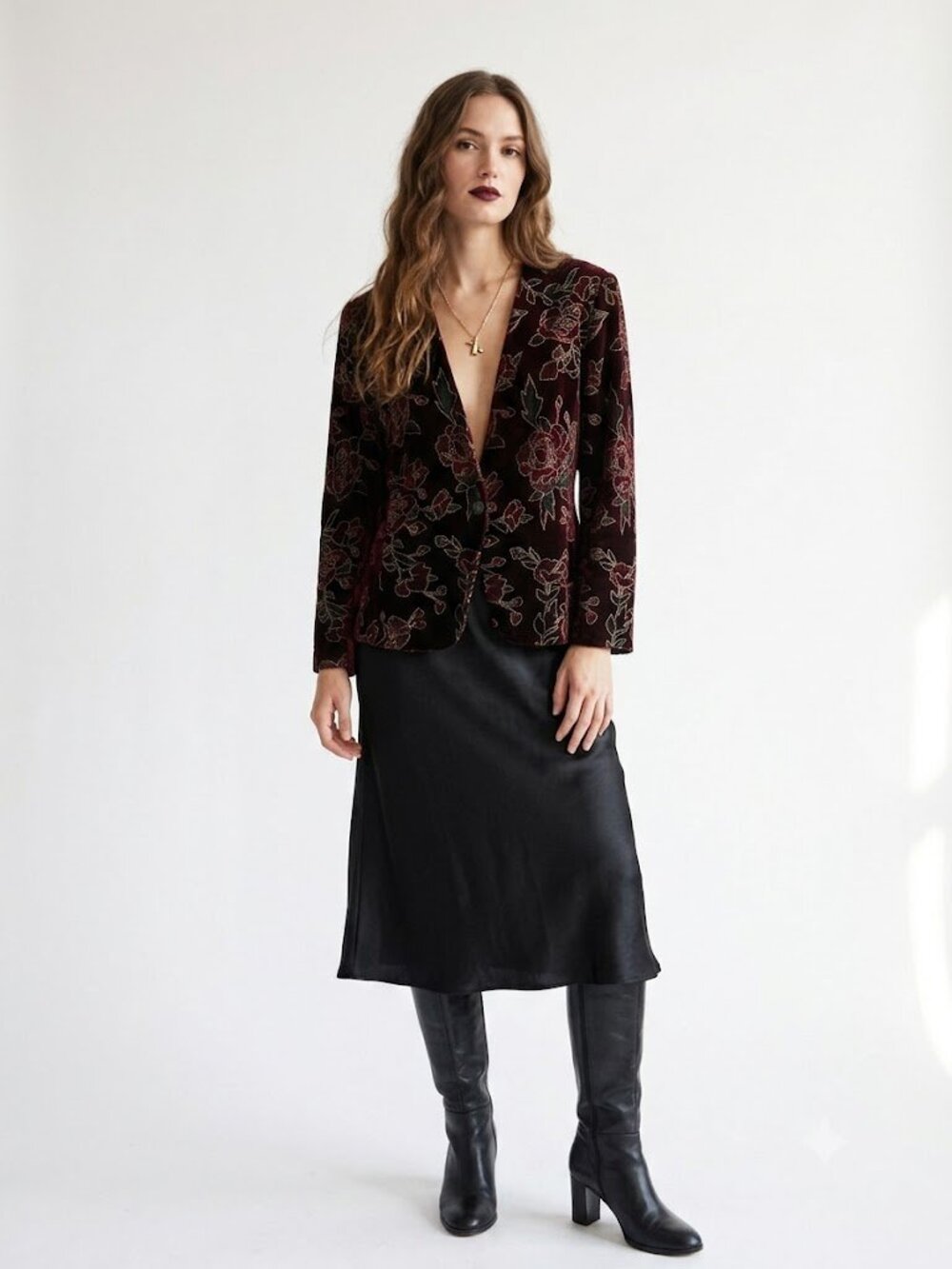 Vintage Norton McNaughton Velvet Floral Blazer Burgundy Embroidered Petite 12